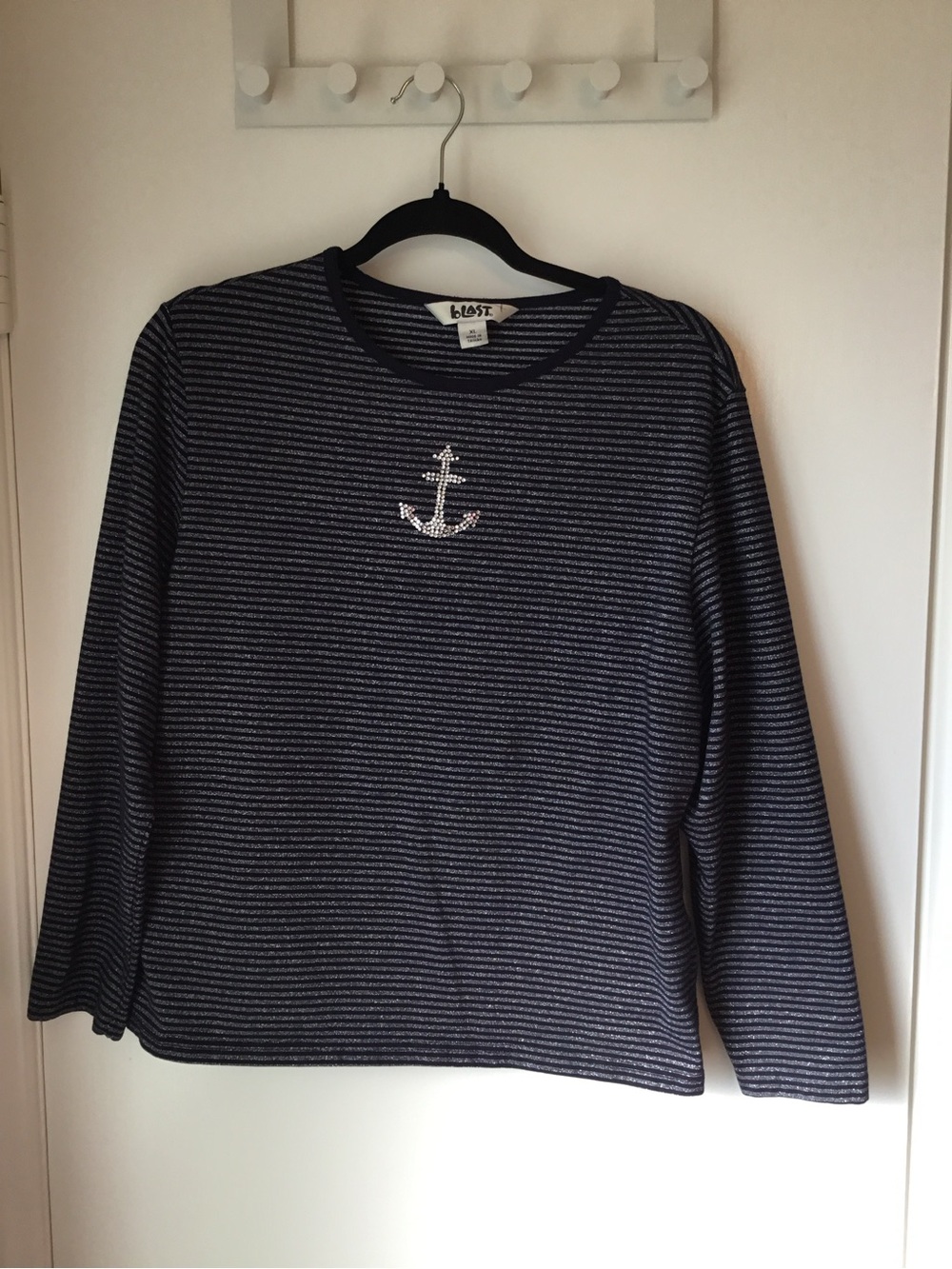 Kids Navy Striped Short Sleeve Tee with Rhinestone Anchor Detail
